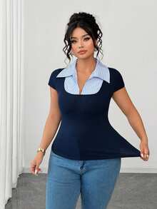 Elenzga Plus Size Women's Striped 2 In 1 Patchwork Slim Fit Versatile Daily Casual Short Sleeve T-Shirt - Multicolor - View 5