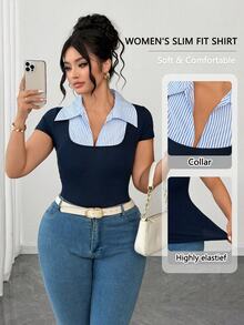 Elenzga Plus Size Women's Striped 2 In 1 Patchwork Slim Fit Versatile Daily Casual Short Sleeve T-Shirt - Multicolor - View 3