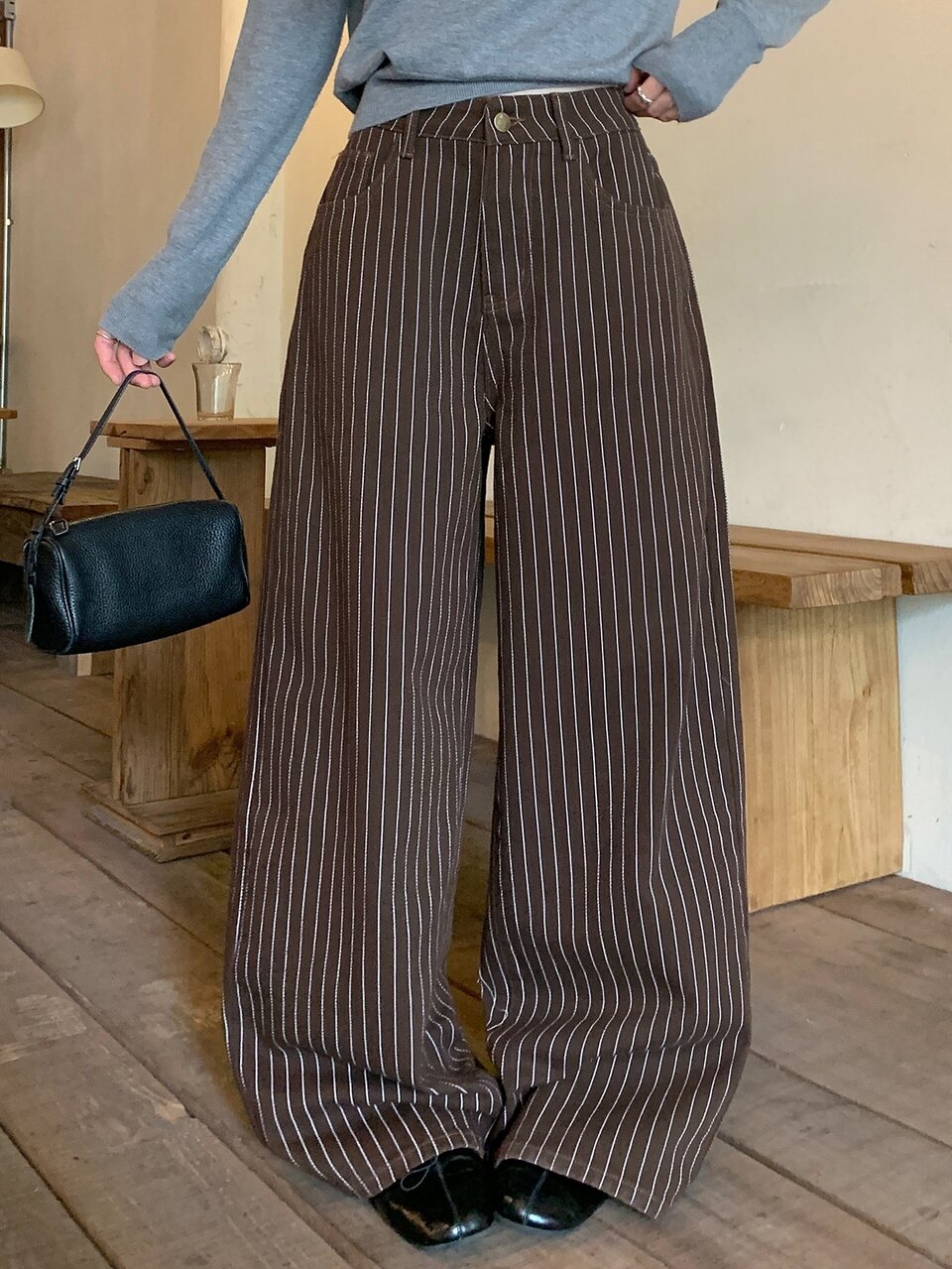 Women's Striped Pocket Wide Leg Loose Casual Retro Vintage 70s Denim Jeans Summer Everyday Night Out Brown Striped