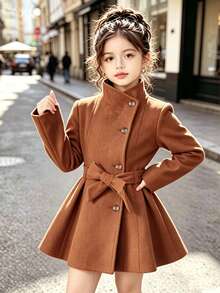 Young Girls Overcoats, Y2k, Y2k Tops, Fall Clothes, Winter Brown Stand-Collar Elegant Coat - Brown - View 1