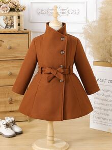 Young Girls Overcoats, Y2k, Y2k Tops, Fall Clothes, Winter Brown Stand-Collar Elegant Coat - Brown - View 3