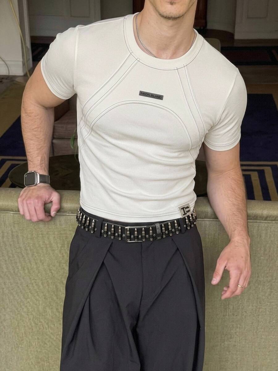 Manfinity RebelGame Men's White Short Sleeve T-Shirt With Toothpick Pleats Date Night Beach Summer Y2k - White - View 1