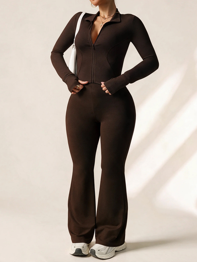 SHEIN Rhythm Era Women's Plus Size Brown Winter Athletic Gym 2 Pieces Set Ribbed Zip-Up Jacket With Thumb Hole And High Waist Flare Pants Spandex Yoga Matching Set