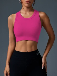 SHEIN Unity 1件装女士加大码瑜伽T恤背心，无缝针织，舒适弹力高腰设计，适合跑步、骑行、健身、户外休闲运动 - 粉色 - 查看 9