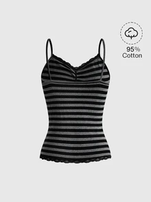 ROMWE Tank Top Camisole Bergaris Hitam & Abu-abu Serbaguna untuk Musim Semi, Musim Panas, dan Musim Gugur, Gaya Sekolah - Hitam - View 2