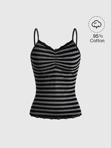 ROMWE Tank Top Camisole Bergaris Hitam & Abu-abu Serbaguna untuk Musim Semi, Musim Panas, dan Musim Gugur, Gaya Sekolah - Hitam - View 1