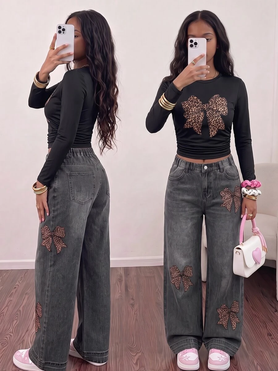 Tween Girl) Streetwear Set, Bow Print Pattern Knit White Long Sleeve T-Shirt And Cargo Pants, Sports & Fitness - Black - View 1