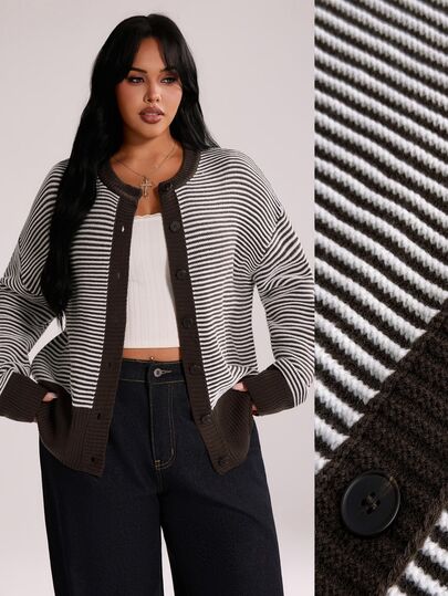 Rustia Plus Size Vintage Fashion Striped Colorblock Long Sleeve Cardigan Sweater, Suitable For Holidays And Daily Wear Winter