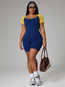 SHEIN Unity Plus Size Women Seamless Short Sleeve Jumpsuit - Multicolor - View 5