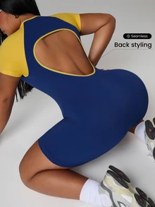 SHEIN Unity Plus Size Women Seamless Short Sleeve Jumpsuit - Multicolor - View 3