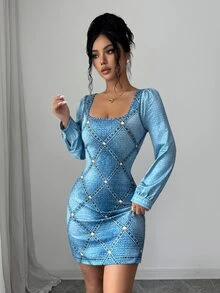 SHEIN Raffinéa Women's Spring/Autumn Elegant Square Neck Long Sleeve Waist-Cinching Denim Floral Print Midi Dress For Outings, Dates And Commuting - Multicolor - View 6