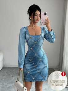 SHEIN Raffinéa Women's Spring/Autumn Elegant Square Neck Long Sleeve Waist-Cinching Denim Floral Print Midi Dress For Outings, Dates And Commuting - Multicolor - View 1
