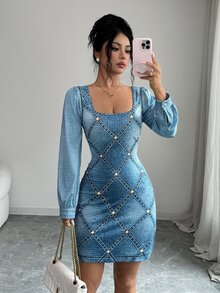 SHEIN Raffinéa Women's Spring/Autumn Elegant Square Neck Long Sleeve Waist-Cinching Denim Floral Print Midi Dress For Outings, Dates And Commuting - Multicolor - View 4