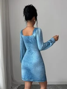 SHEIN Raffinéa Women's Spring/Autumn Elegant Square Neck Long Sleeve Waist-Cinching Denim Floral Print Midi Dress For Outings, Dates And Commuting - Multicolor - View 2