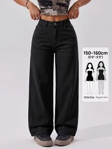 SHEIN PETITE Women's Wide Leg Loose Casual Versatile Denim Jeans With Pockets - Black - View 4