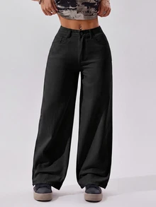 SHEIN PETITE Women's Wide Leg Loose Casual Versatile Denim Jeans With Pockets - Black - View 3