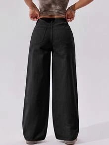 SHEIN PETITE Women's Wide Leg Loose Casual Versatile Denim Jeans With Pockets - Black - View 2