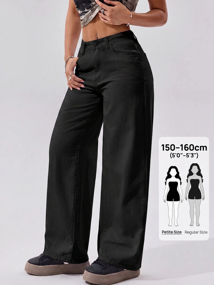 SHEIN PETITE Women's Wide Leg Loose Casual Versatile Denim Jeans With Pockets - Black - View 1