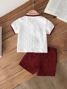 Souflis Souflis Baby Boy, Navy Blue Horse Print Summer Jacquard Polo Collar Short-Sleeved Short Pants Two Pieces Set. - Burgundy - View 2