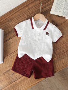 Souflis Souflis Baby Boy, Navy Blue Horse Print Summer Jacquard Polo Collar Short-Sleeved Short Pants Two Pieces Set. - Burgundy - View 5
