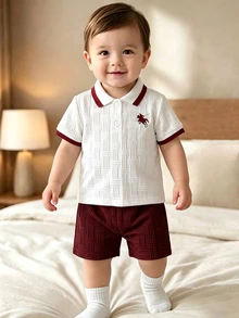 Souflis Souflis Baby Boy, Navy Blue Horse Print Summer Jacquard Polo Collar Short-Sleeved Short Pants Two Pieces Set. - Burgundy - View 3