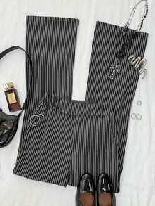 Attitoon Celana Panjang Wanita Model Flare dengan Kancing di Pinggang dan Motif Garis-garis - Hitam - View 7