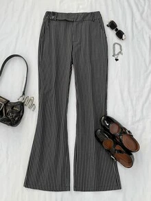 Attitoon Celana Panjang Wanita Model Flare dengan Kancing di Pinggang dan Motif Garis-garis - Hitam - View 4