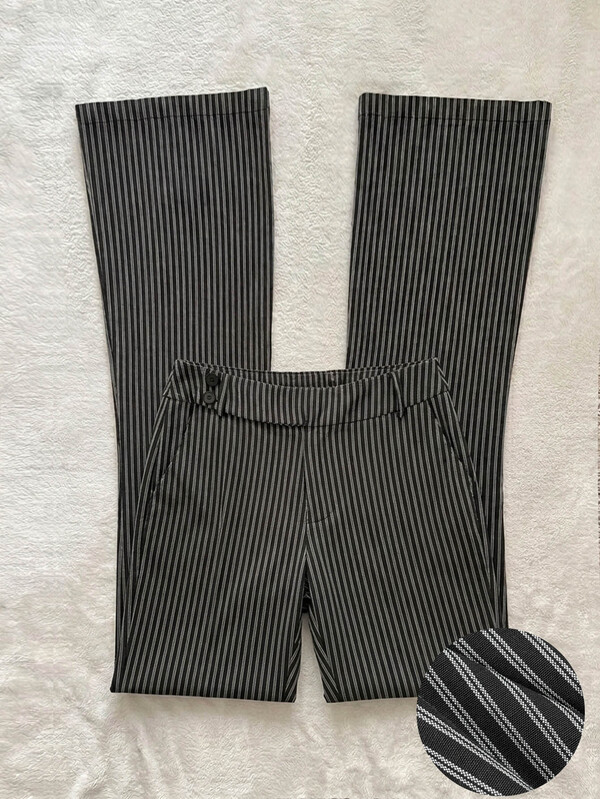 Attitoon Women's Striped Waist Button Design Flare Leg Pants