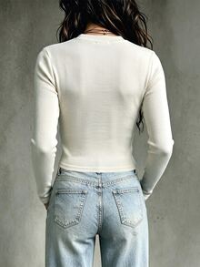 LUMIGAL Women's Elegant Casual Sexy Off White Ribbing Twist Design Long Sleeve T-Shrit,Commuting Fashion,Casual Outings, Autumn - Apricot - View 3