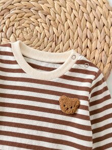 SHEIN LMoss Kids 新生兒秋冬可愛針織條紋卡通圖案長袖衛衣 3件組（上衣與褲子分開銷售） - 棕色 - 查看 6