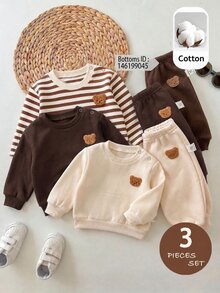 SHEIN LMoss Kids 新生兒秋冬可愛針織條紋卡通圖案長袖衛衣 3件組（上衣與褲子分開銷售） - 棕色 - 查看 1