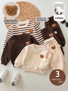 SHEIN LMoss Kids 新生兒秋冬可愛針織條紋卡通圖案長袖衛衣 3件組（上衣與褲子分開銷售） - 棕色 - 查看 7