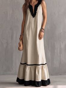 Glimmora Women's Summer New French Vintage Style Ruffle Hem Colorblock Patchwork Casual Vacation Long Dress - Khaki - View 2