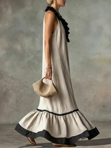 Glimmora Women's Summer New French Vintage Style Ruffle Hem Colorblock Patchwork Casual Vacation Long Dress - Khaki - View 6