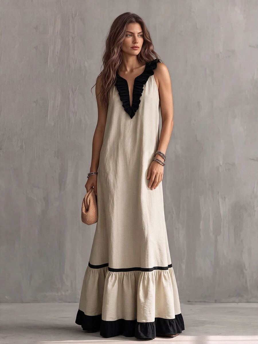 Glimmora Women's Summer New French Vintage Style Ruffle Hem Colorblock Patchwork Casual Vacation Long Dress - Khaki - View 1