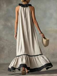 Glimmora Women's Summer New French Vintage Style Ruffle Hem Colorblock Patchwork Casual Vacation Long Dress - Khaki - View 5