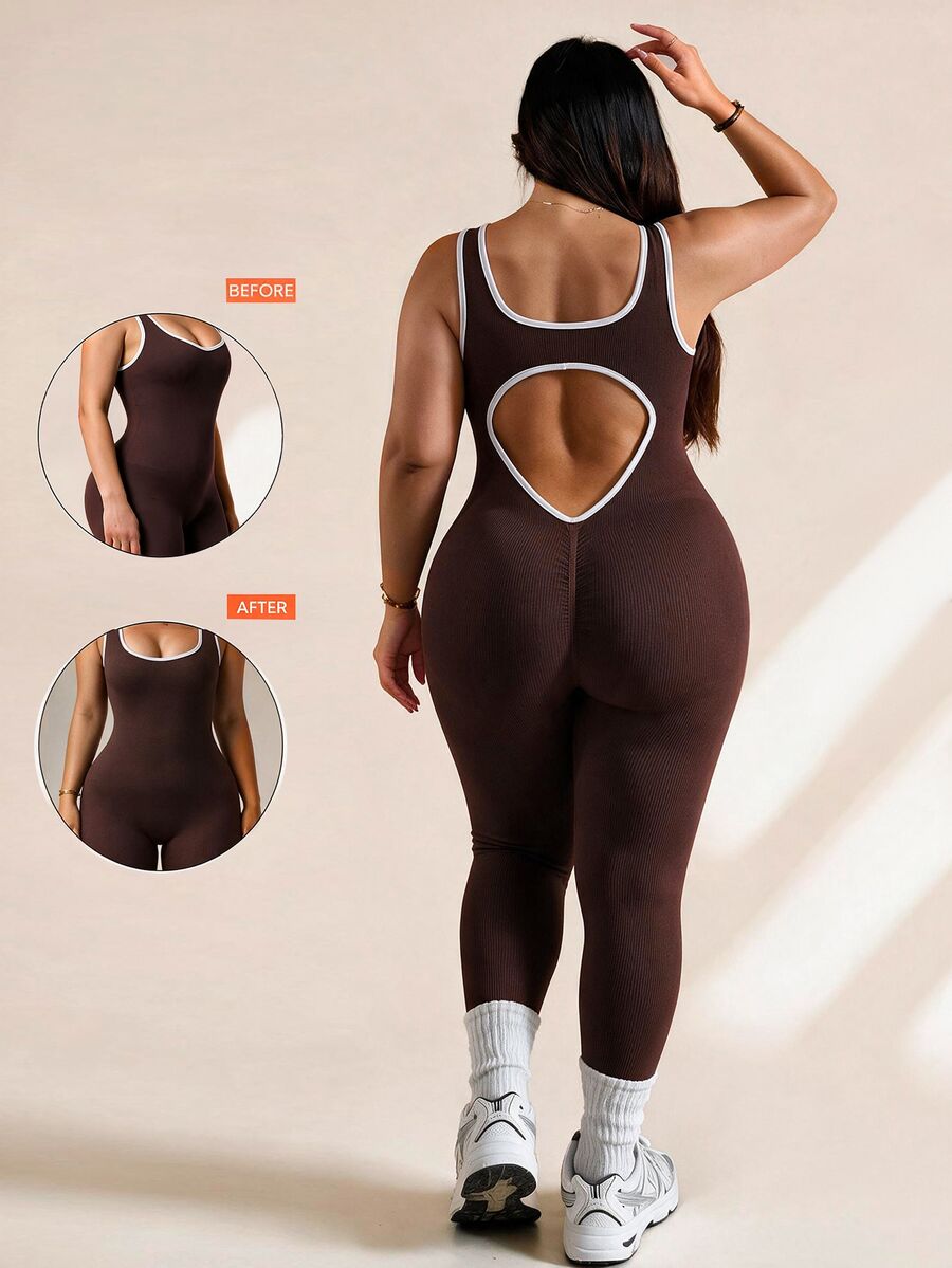 Rhythm Era Plus Size Women Seamless Ribbed Sports Jumpsuit,Chocolate Brown Athletic Summer Pilates Yoga Jumpsuit Open Back Workout Fitness Gym - Brown - View 1