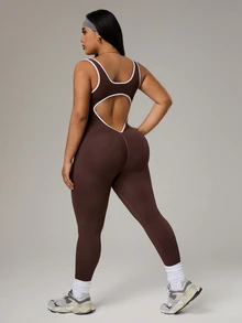 Rhythm Era Plus Size Women Seamless Ribbed Sports Jumpsuit,Chocolate Brown Athletic Summer Pilates Yoga Jumpsuit Open Back Workout Fitness Gym - Brown - View 4
