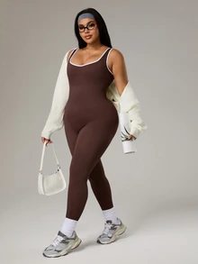 Rhythm Era Plus Size Women Seamless Ribbed Sports Jumpsuit,Chocolate Brown Athletic Summer Pilates Yoga Jumpsuit Open Back Workout Fitness Gym - Brown - View 5
