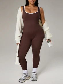 Rhythm Era Plus Size Women Seamless Ribbed Sports Jumpsuit,Chocolate Brown Athletic Summer Pilates Yoga Jumpsuit Open Back Workout Fitness Gym - Brown - View 2