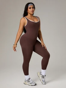 Rhythm Era Plus Size Women Seamless Ribbed Sports Jumpsuit,Chocolate Brown Athletic Summer Pilates Yoga Jumpsuit Open Back Workout Fitness Gym - Brown - View 7