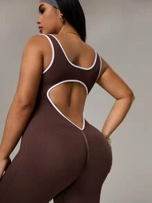 Rhythm Era Plus Size Women Seamless Ribbed Sports Jumpsuit,Chocolate Brown Athletic Summer Pilates Yoga Jumpsuit Open Back Workout Fitness Gym - Brown - View 6