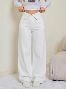 SHEIN Tall 女款翻腰寬腿寬鬆休閒牛仔褲 秋季教師褲 - 白色 - 查看 1