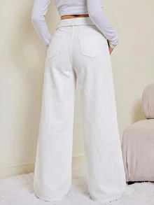 SHEIN Tall 女款翻腰寬腿寬鬆休閒牛仔褲 秋季教師褲 - 白色 - 查看 4
