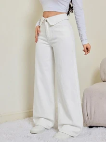 SHEIN Tall 女款翻腰寬腿寬鬆休閒牛仔褲 秋季教師褲 - 白色 - 查看 6