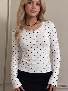 SHEIN 青少年女孩秋季上衣 時尚休閒優雅可愛街頭風 混色提花布料蕾絲飾領長袖T恤 - 白色 - 查看 6