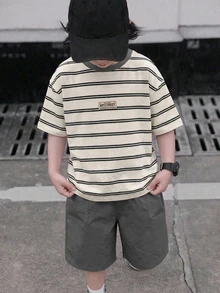 2件套 青少年男童休闲舒适百搭条纹印花T恤和纯色短裤套装 - 灰色 - 查看 4
