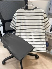 2件套 青少年男童休闲舒适百搭条纹印花T恤和纯色短裤套装 - 灰色 - 查看 2