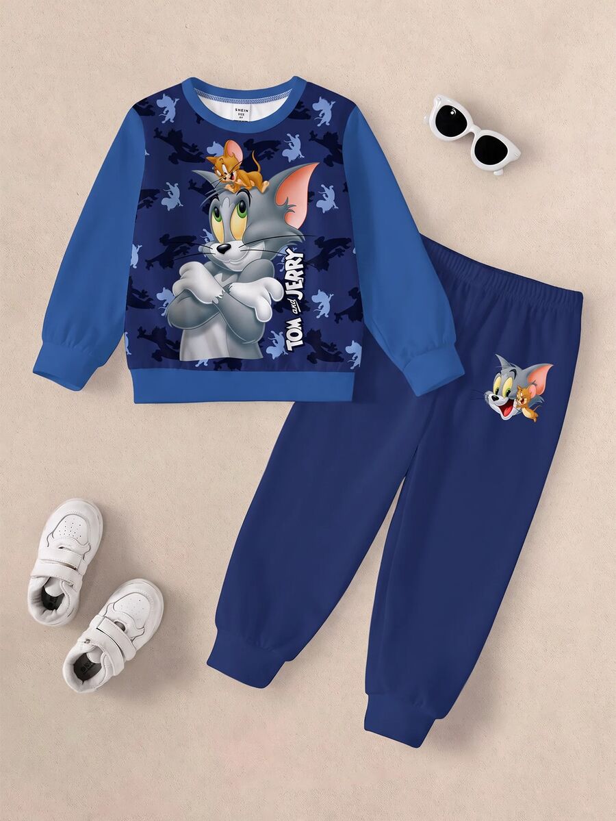 TOM & JERRY X SHEIN Casual set för ung pojke med långärmad sweatshirt med bokstavstryck och byxor - Vitt - Visa 1