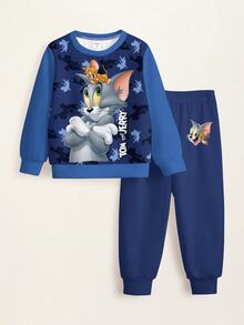 TOM & JERRY X SHEIN Casual set för ung pojke med långärmad sweatshirt med bokstavstryck och byxor - Vitt - Visa 7